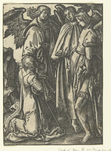 Abraham en de drie engelen by anonymous, print, 1511-1583