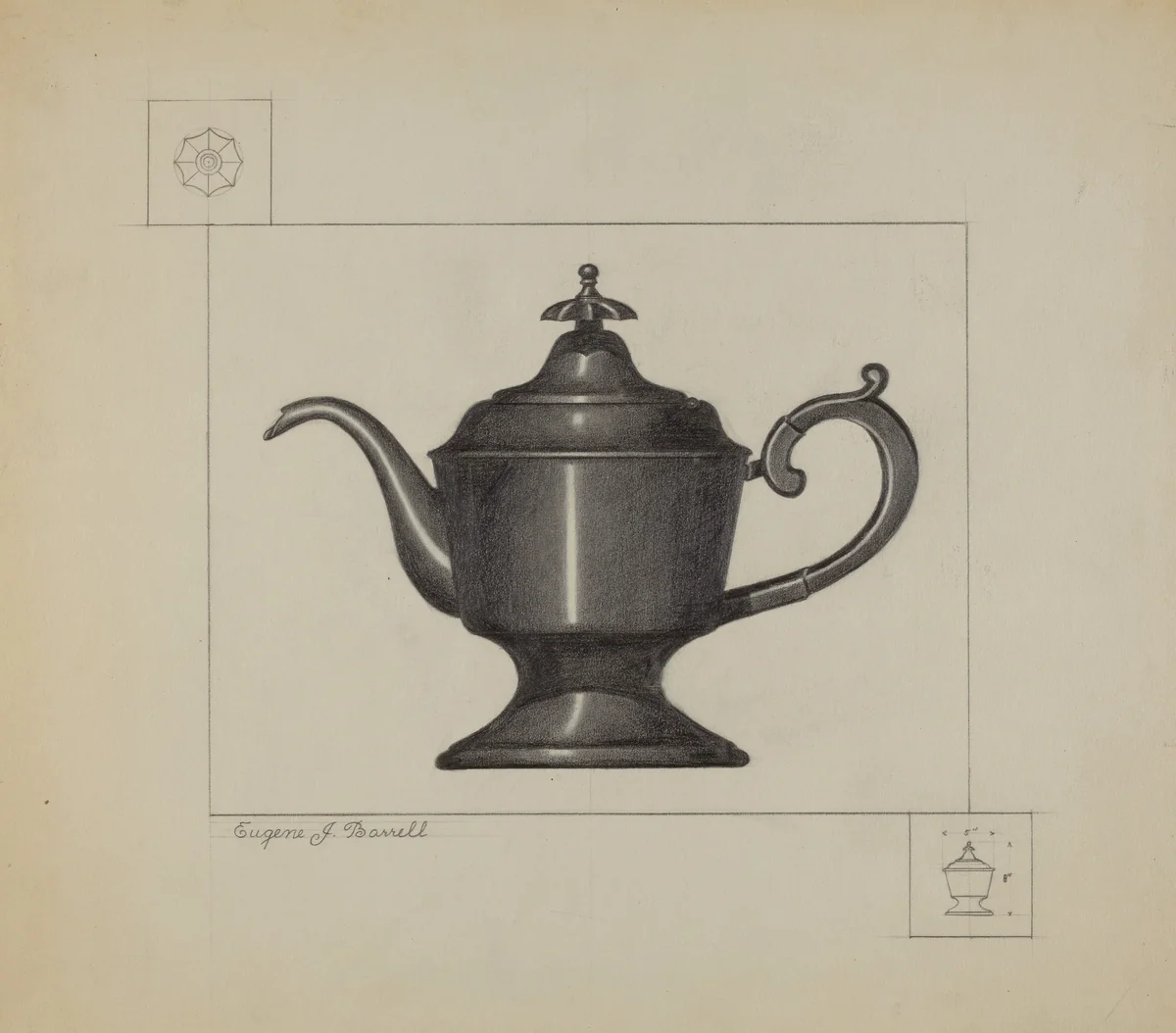 Pewter Coffee Pot by Eugene Barrell, index of american design, 1936