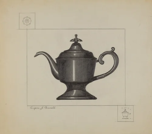 Pewter Coffee Pot by Eugene Barrell, index of american design, 1936