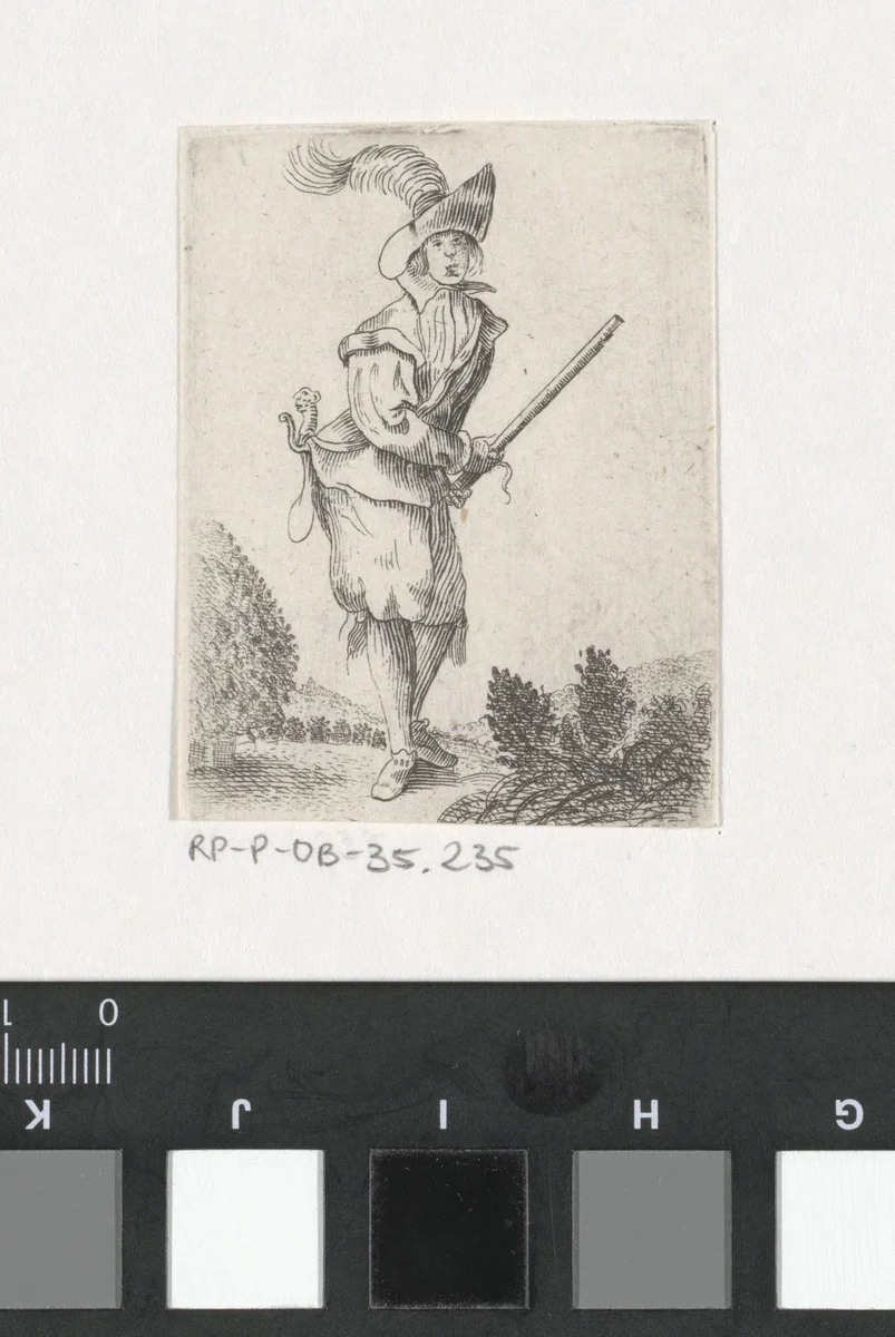 Edelman met stok in een landschap by anonymous, print, 1620-1664