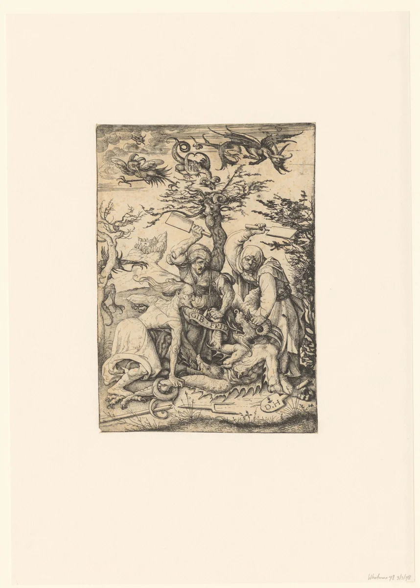 Drie heksen vallen de duivel aan by Unknown, print, 1505-1536