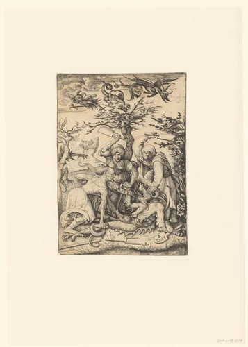 Drie heksen vallen de duivel aan by Unknown, print, 1505-1536