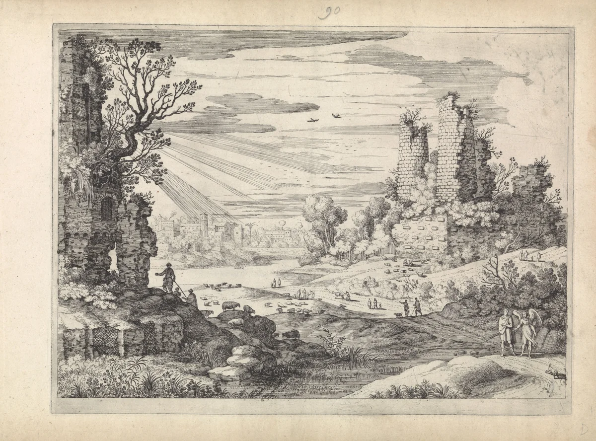 Italiaans landschap met Tobias en de engel by Guilliam van Nieulandt, print, 1594-1635
