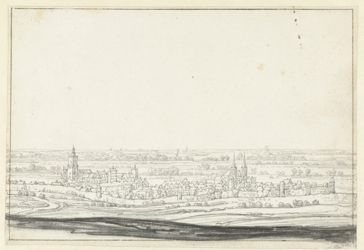 Panoramisch gezicht op Kleef en omgeving by Aelbert Cuyp, drawing, 1630-1691