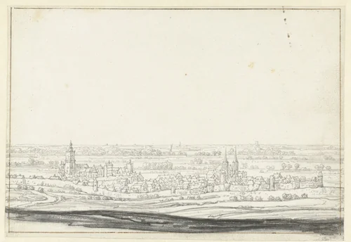 Panoramisch gezicht op Kleef en omgeving by Aelbert Cuyp, drawing, 1630-1691