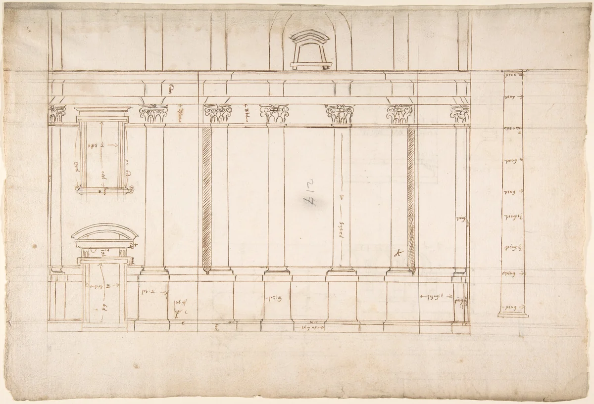 Santa Maria Maggiore, Sforza Chapel, elevation (recto) Unknown, entablature, partial cornice, and column or pilaster base profile (verso) by anonymous, drawing, 1500-1560