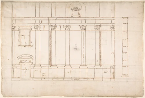 Santa Maria Maggiore, Sforza Chapel, elevation (recto) Unknown, entablature, partial cornice, and column or pilaster base profile (verso) by anonymous, drawing, 1500-1560