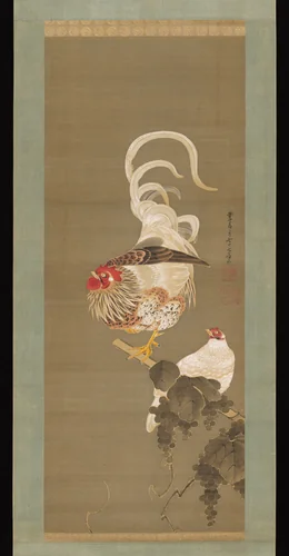 Hen and Rooster with Grapevine by Itō Jakuchū (伊藤若冲), painting, 1792
