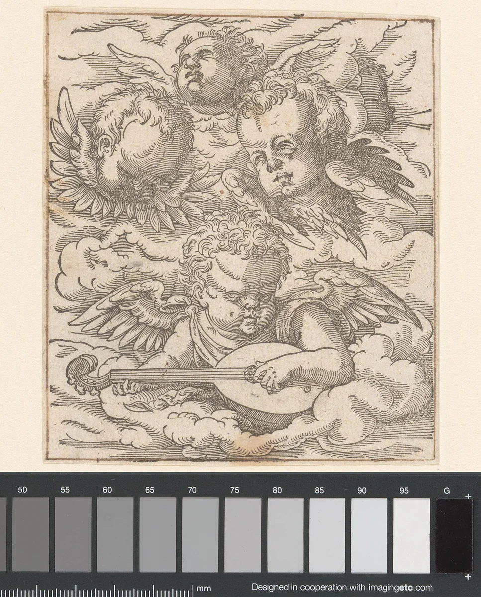 Drie cherubijnen en een putto met een luit by anonymous, print, 1580