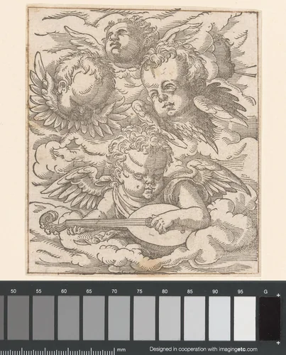 Drie cherubijnen en een putto met een luit by anonymous, print, 1580