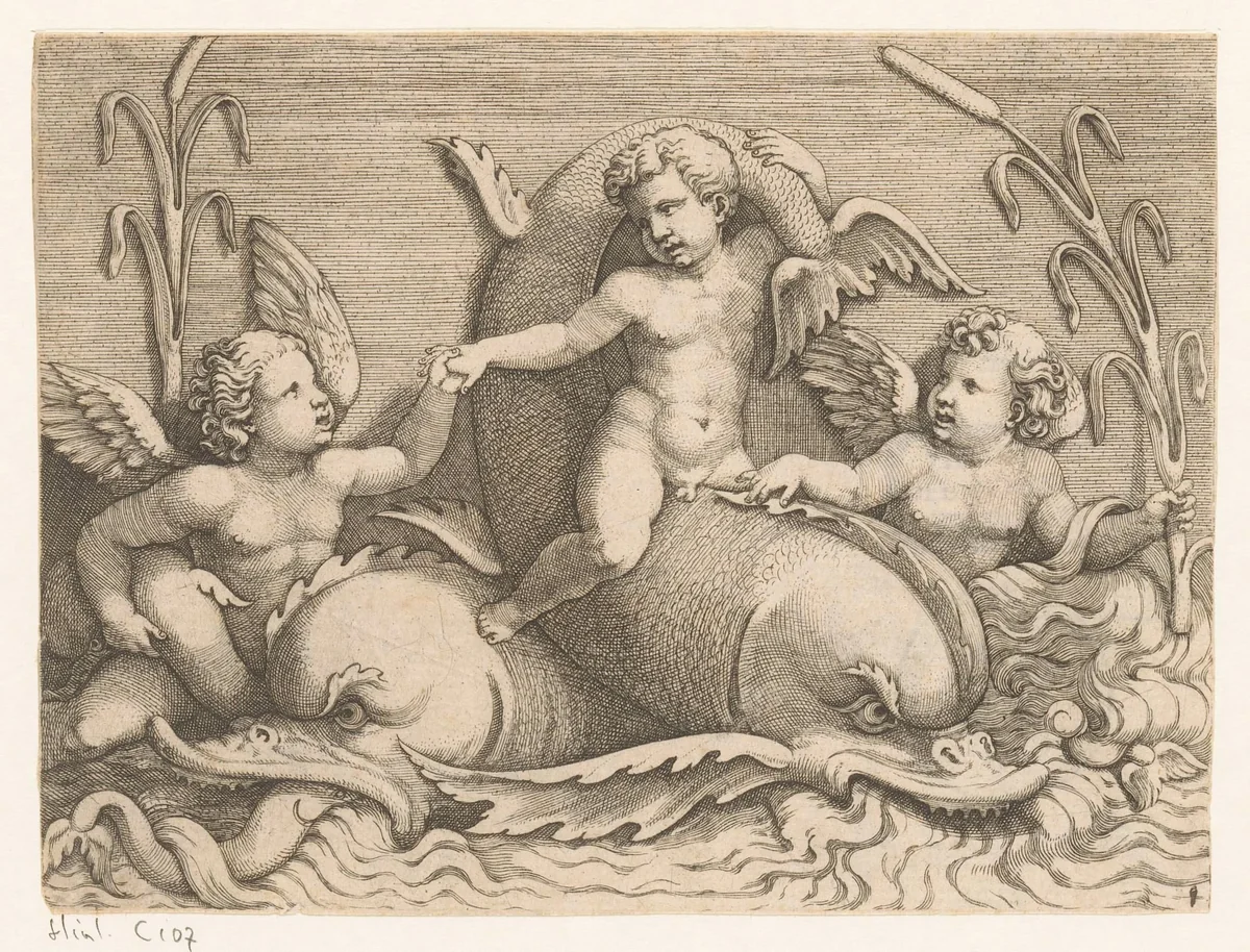 Drie putti met dolfijnen by Adamo Scultori, print, 1540-1585
