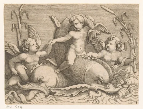 Drie putti met dolfijnen by Adamo Scultori, print, 1540-1585