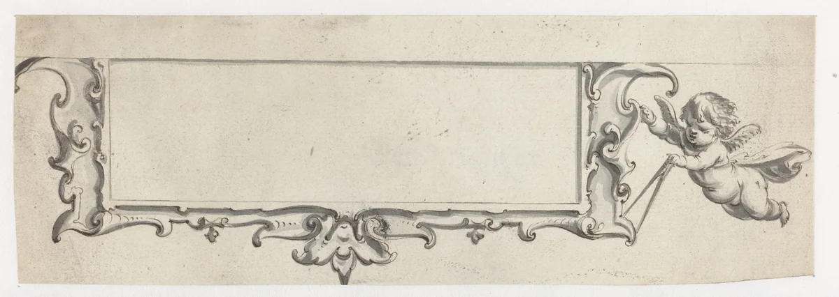 Cartouche met een vliegende putto by Pieter Jansz, drawing, 1630-1672