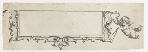 Cartouche met een vliegende putto by Pieter Jansz, drawing, 1630-1672