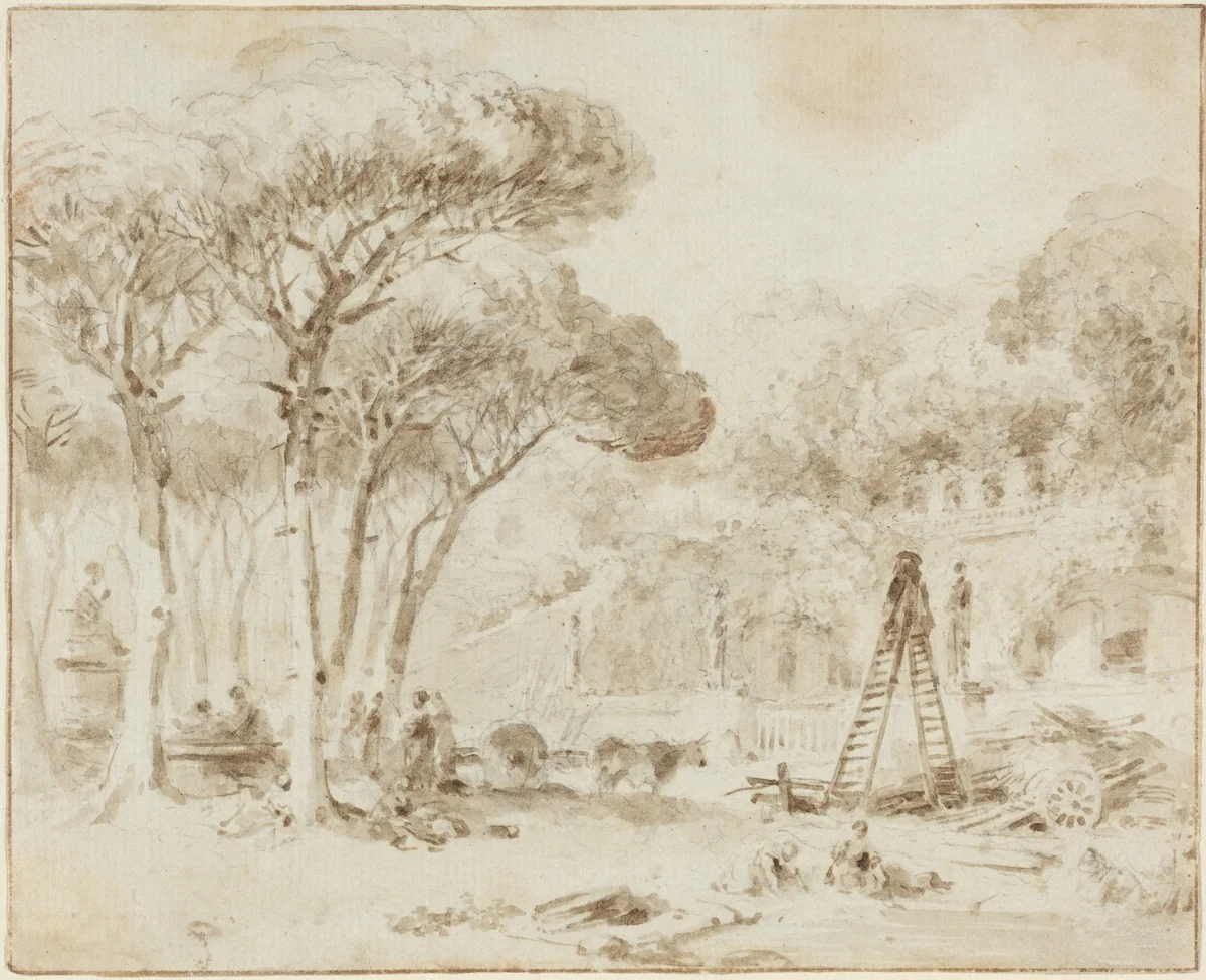 Gardens of an Italian Villa (Villa Medici?) by Jean Honoré Fragonard, drawing, 1773-1774