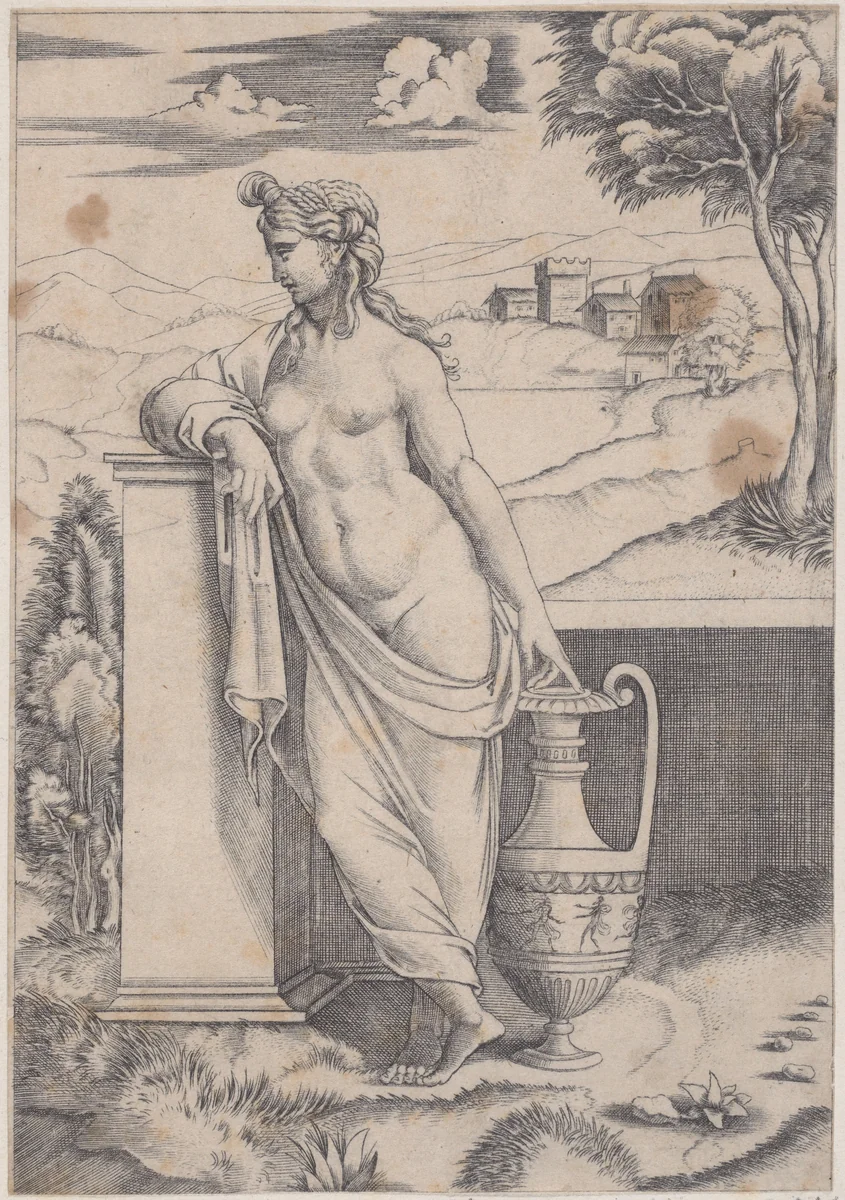 Woman Standing near a Vase by Agostino Veneziano, print, 1514-1536