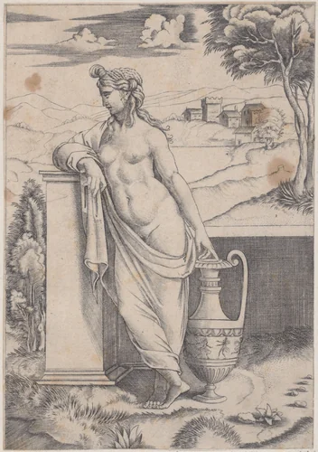Woman Standing near a Vase by Agostino Veneziano, print, 1514-1536