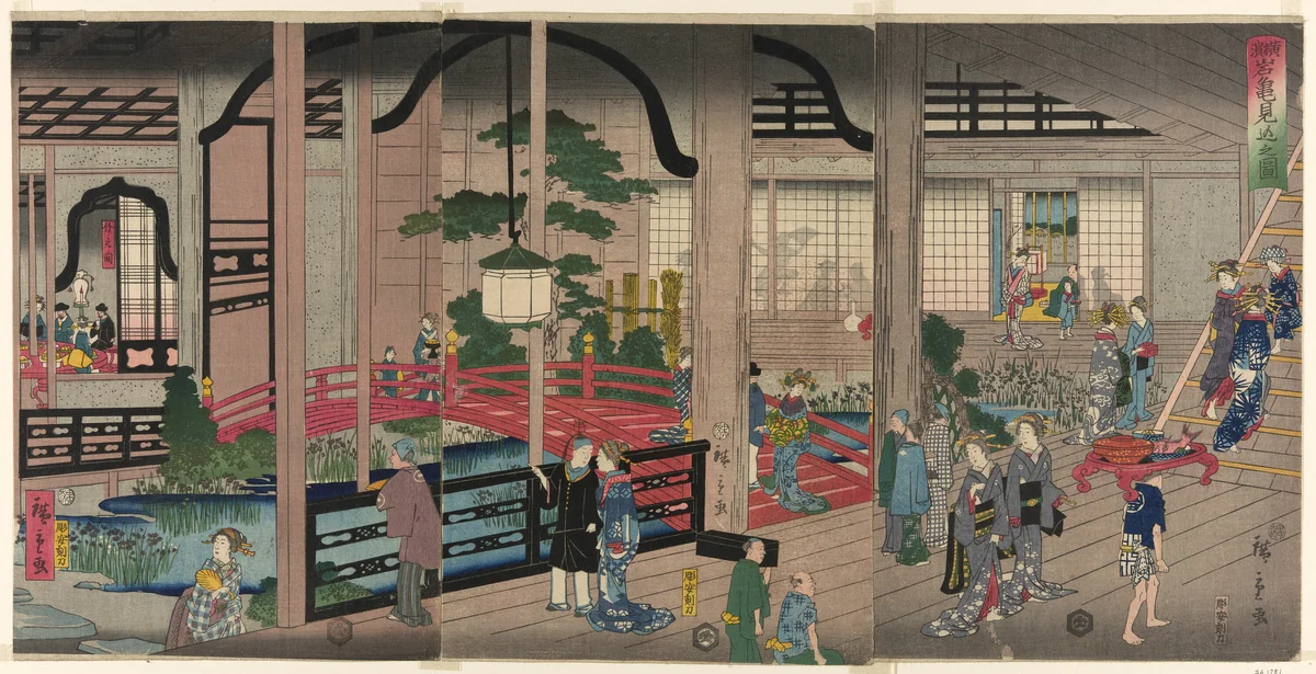 The Interior of the Gankiro in Yokohama (Yokohama Gankiro mikomi no zu) by Utagawa Hiroshige II (二代目歌川広重), print, 1860