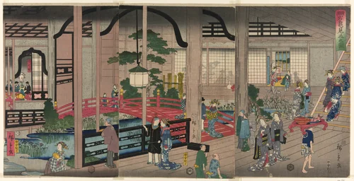 The Interior of the Gankiro in Yokohama (Yokohama Gankiro mikomi no zu) by Utagawa Hiroshige II (二代目歌川広重), print, 1860