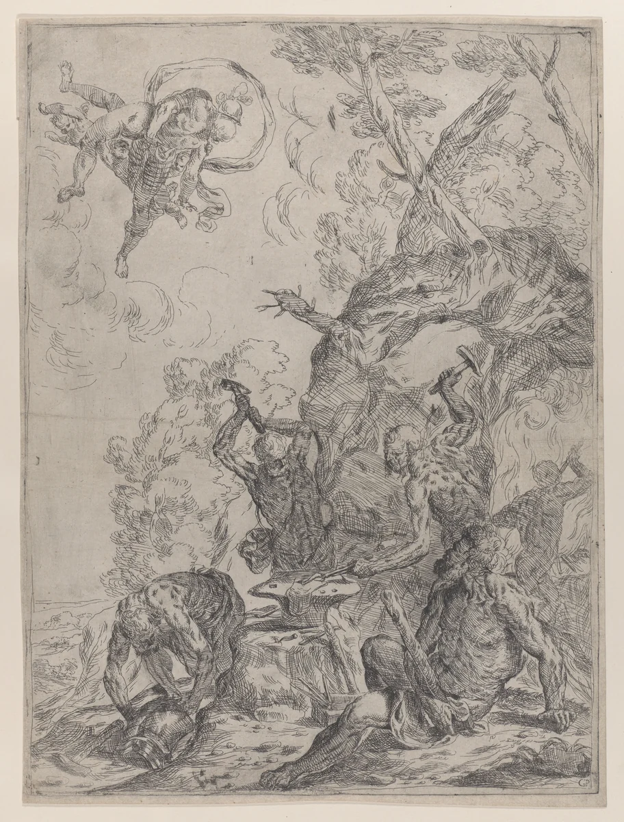 The forge of Vulcan with smiths striking an anvil with hammers, while Mars and Venus embrace in the heavens above by Giovanni Pietro Possenti, print, 1635-1664