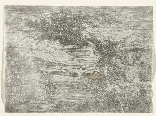 Landschap met visser by Rodolphe Bresdin, print, 1843-1844