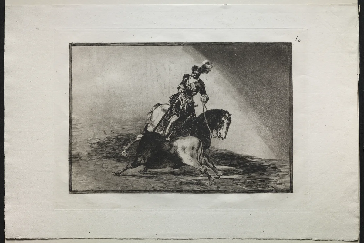 Bullfights: Charles V spearing a bull by Francisco de Goya, print, 1816-1876