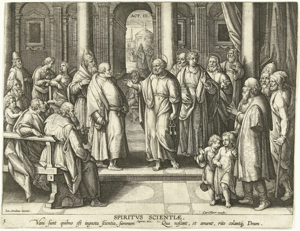 Petrus en Paulus bewijzen de opstanding van Christus: de gave van geleerdheid by Adriaen Collaert, print, 1593-1597