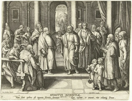 Petrus en Paulus bewijzen de opstanding van Christus: de gave van geleerdheid by Adriaen Collaert, print, 1593-1597
