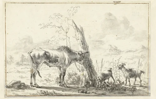 Koe en twee geiten bij een afgebroken boom by anonymous, drawing, 1600-1800