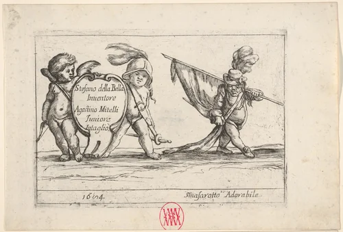 Callot figures; two children carrying a cartouche to left, a dwarf in a plumed hat carrying a standard at right, from "Six grotesques" (Six pièces de figures grotesques) by Agostino Mitelli, print, 1684