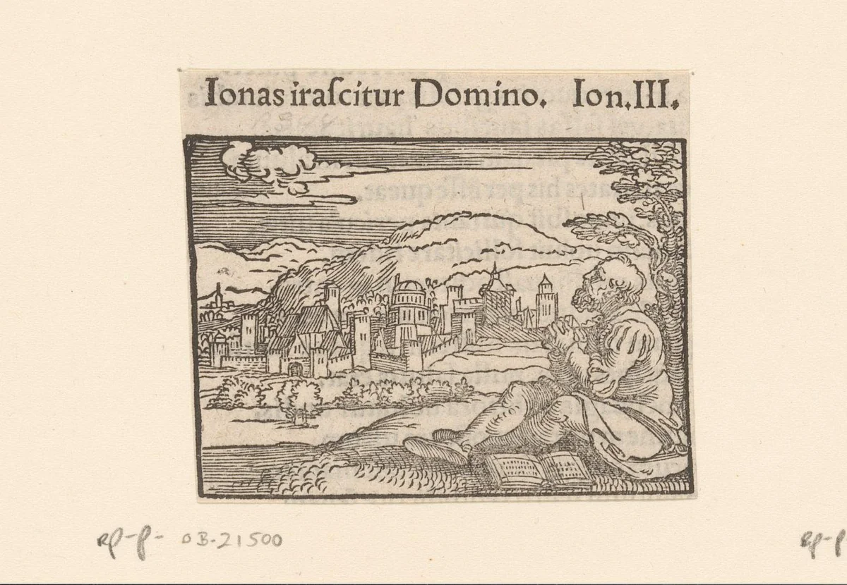 Jona wacht op de vernietiging van Ninive by anonymous, print, 1530-1533