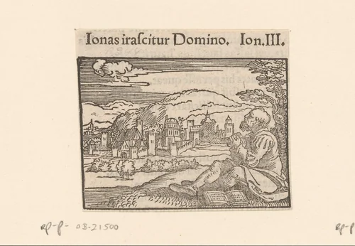 Jona wacht op de vernietiging van Ninive by anonymous, print, 1530-1533