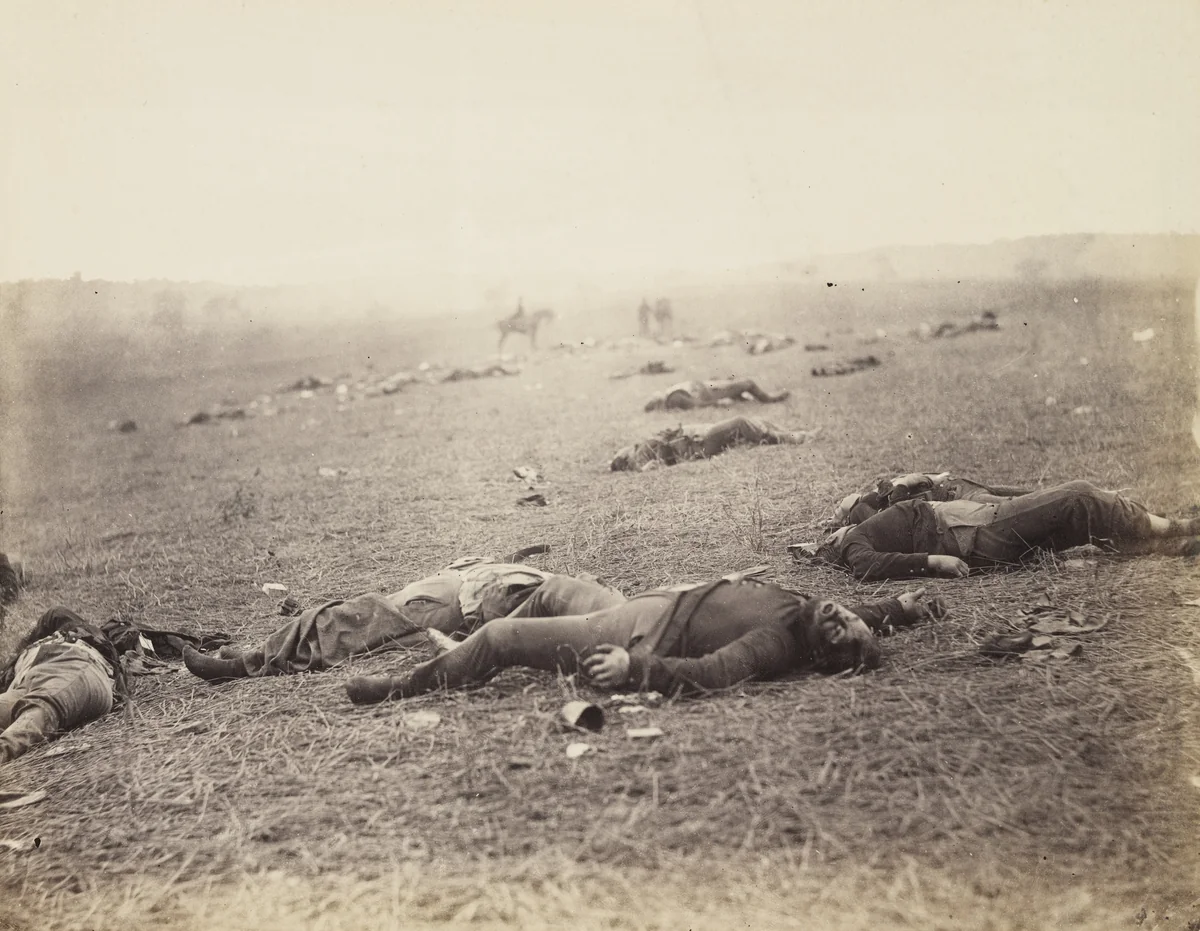 A Harvest of Death, Gettysburg, Pennsylvania by Alexander Gardner, Timothy O'Sullivan, photograph, 1863