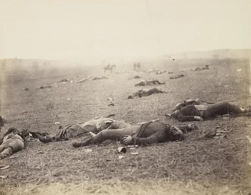 A Harvest of Death, Gettysburg, Pennsylvania by Alexander Gardner, Timothy O'Sullivan, photograph, 1863