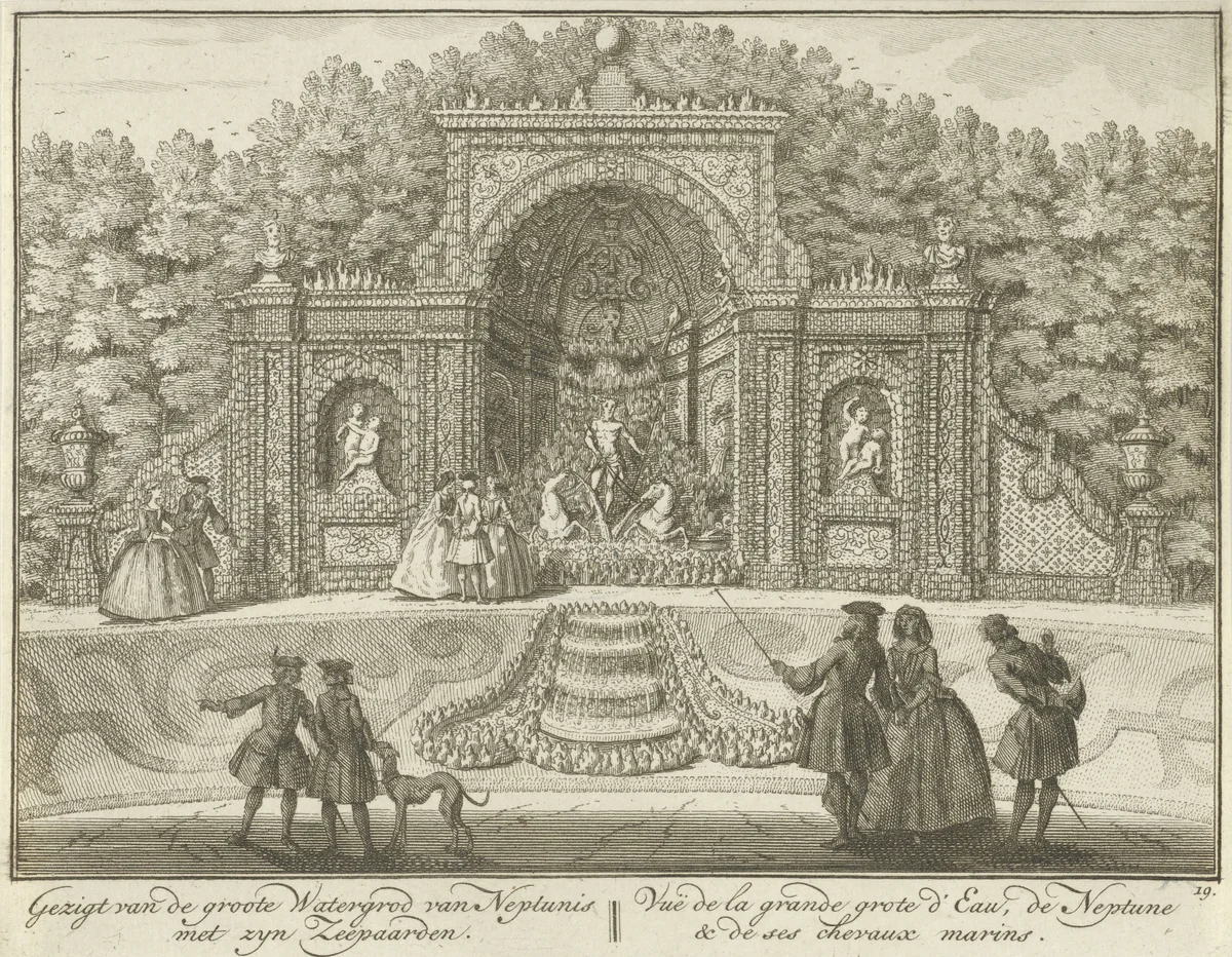 Watergrot van Neptunus in de tuin van Huis ter Meer te Maarssen by Hendrik de Leth, print, 1740