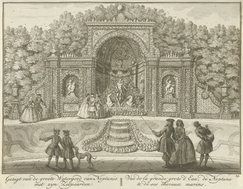 Watergrot van Neptunus in de tuin van Huis ter Meer te Maarssen by Hendrik de Leth, print, 1740