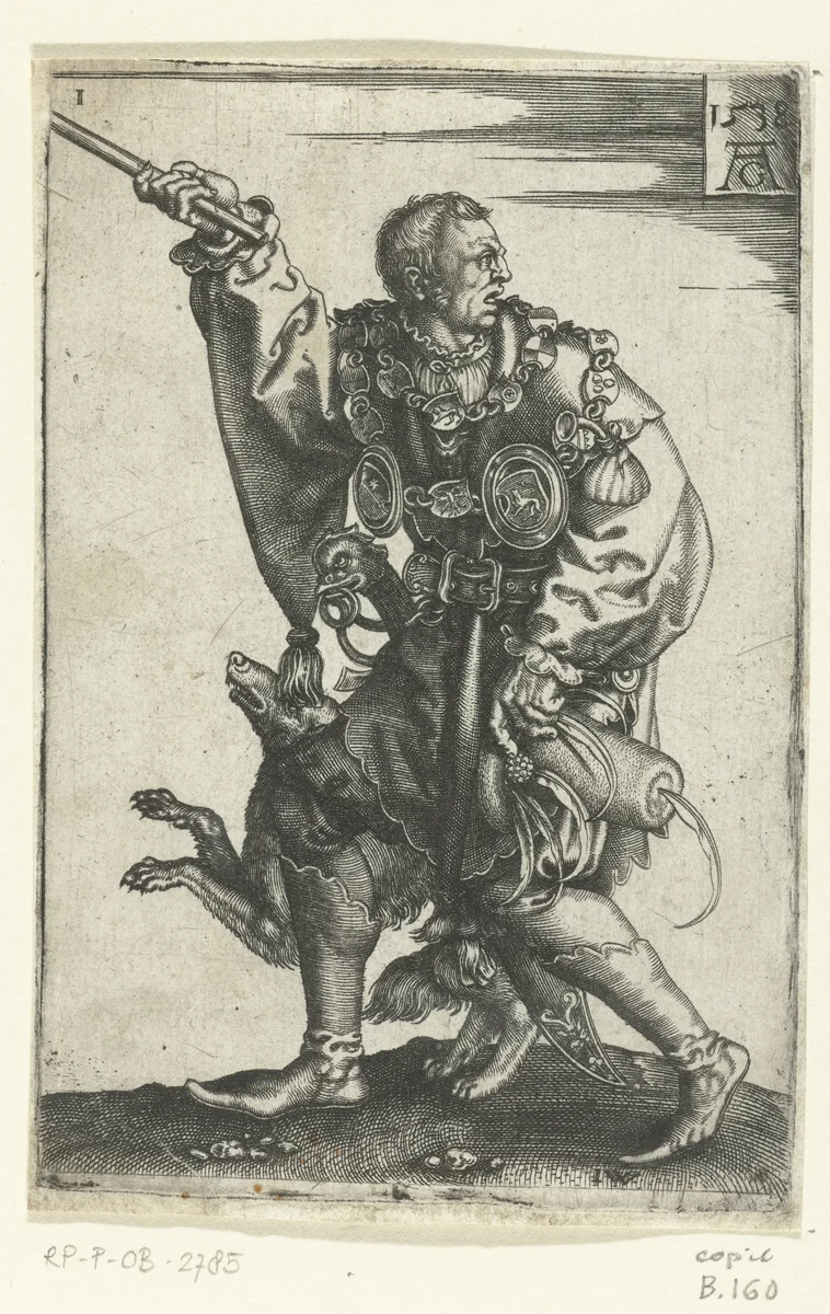 Ceremoniemeester met een hond by anonymous, print, 1538-1610