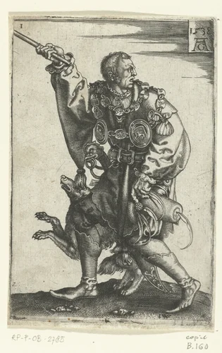 Ceremoniemeester met een hond by anonymous, print, 1538-1610