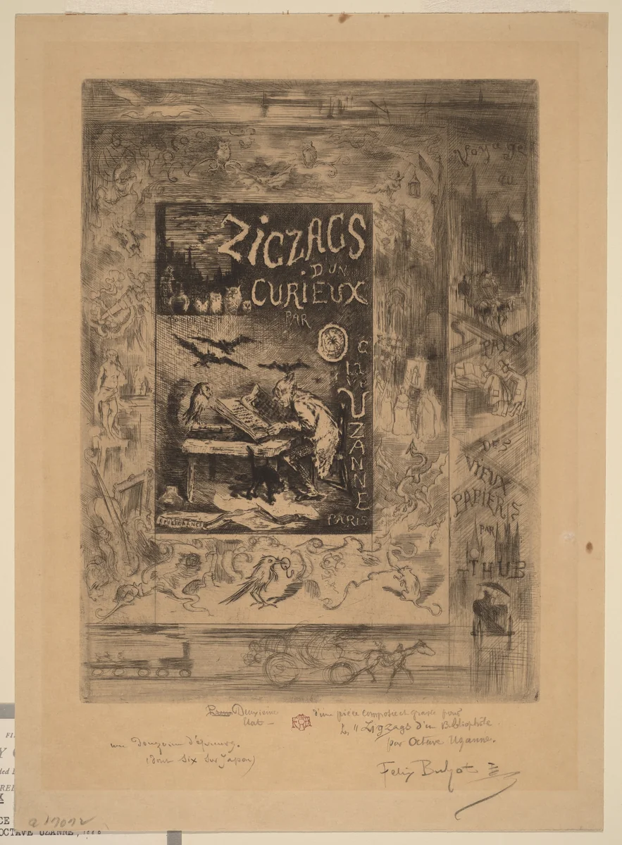 Frontispiece for "Zigzags d'un Curieux, d'Octave Uzanne" by Félix-Hilaire Buhot, print, 1888