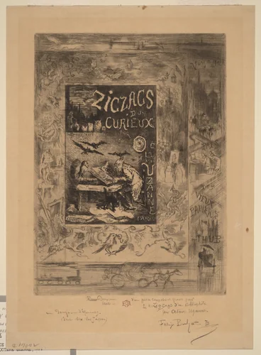 Frontispiece for "Zigzags d'un Curieux, d'Octave Uzanne" by Félix-Hilaire Buhot, print, 1888