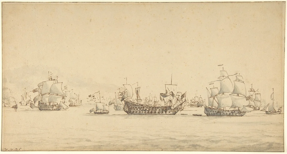 Warships at Sea by Willem van de Velde II, drawing, 1648-1707