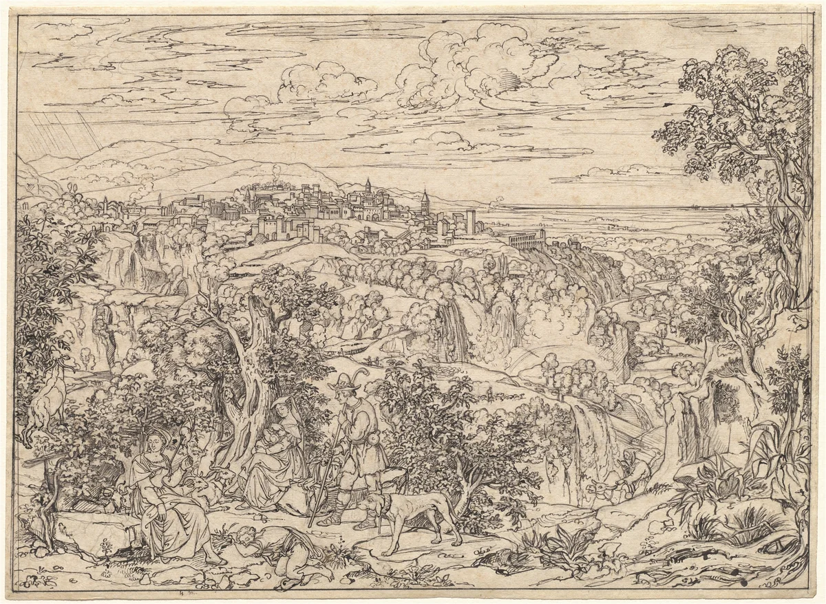 Tivoli and the Waterfalls with Shepherd Families by Joseph Anton Koch, drawing, 1821