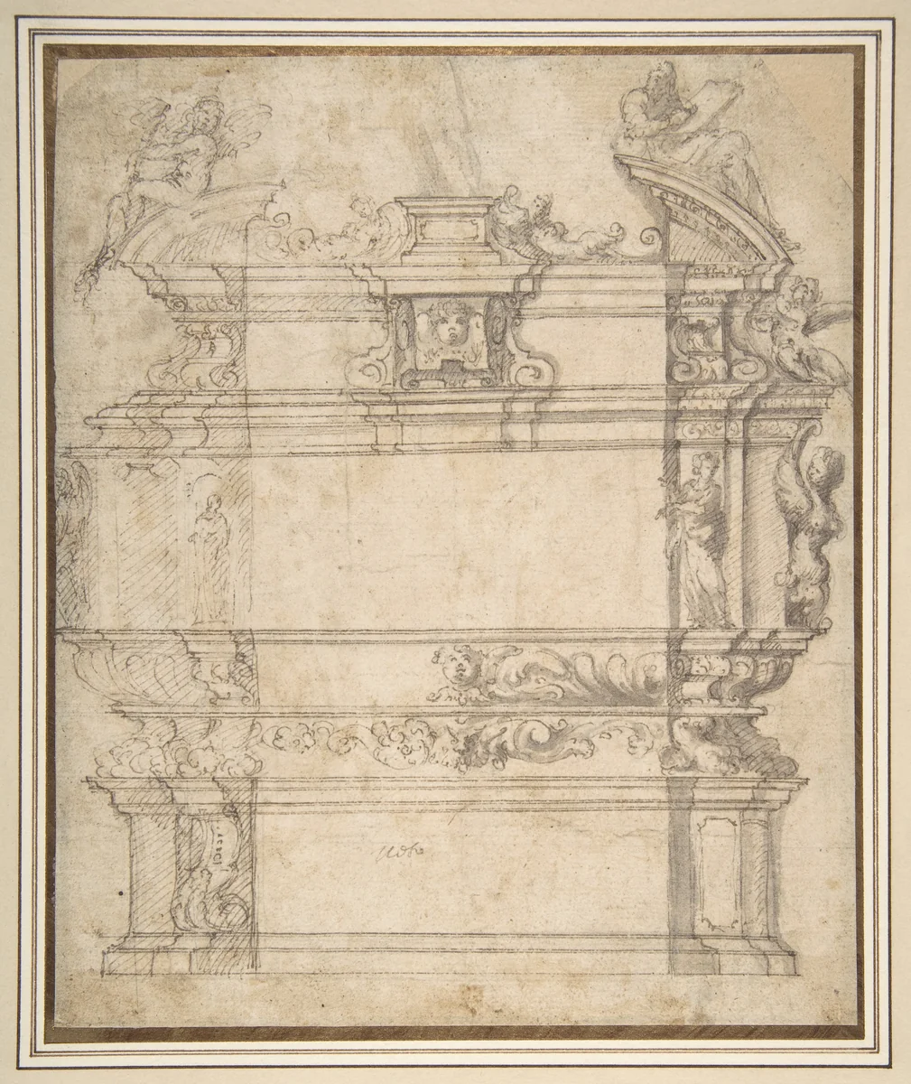 Design for a Tomb with Female Figures, Putti and Mythological Creatures by anonymous, drawing, 1500-1600