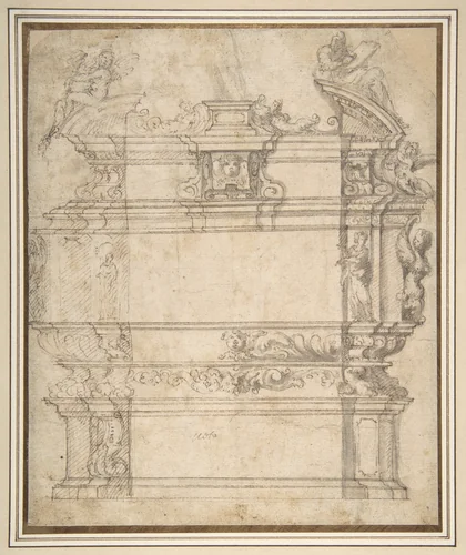 Design for a Tomb with Female Figures, Putti and Mythological Creatures by anonymous, drawing, 1500-1600