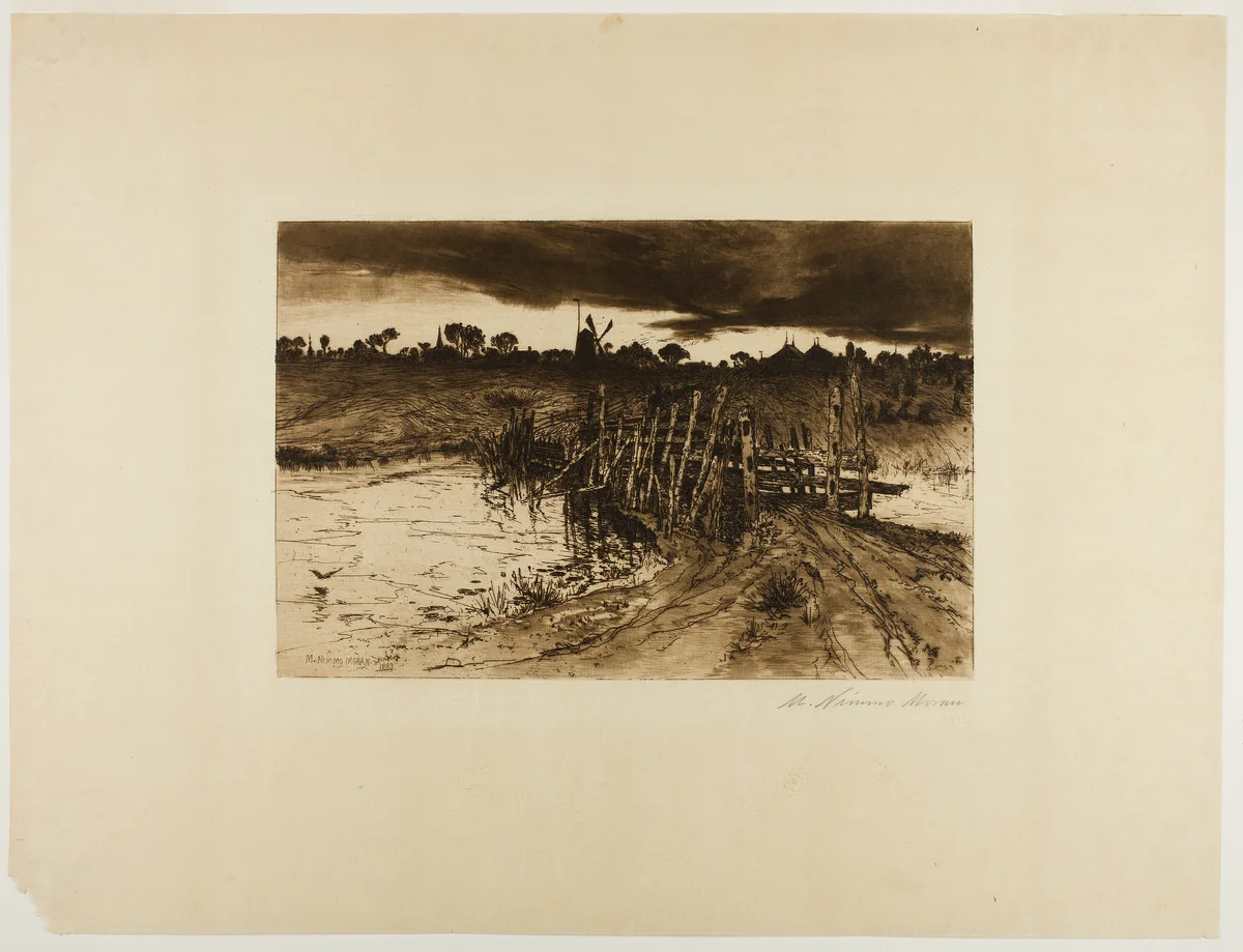 Landscape with Mill and a Wooden Bridge by Mary Nimmo Moran, print, 1883