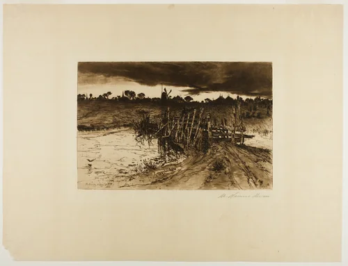 Landscape with Mill and a Wooden Bridge by Mary Nimmo Moran, print, 1883