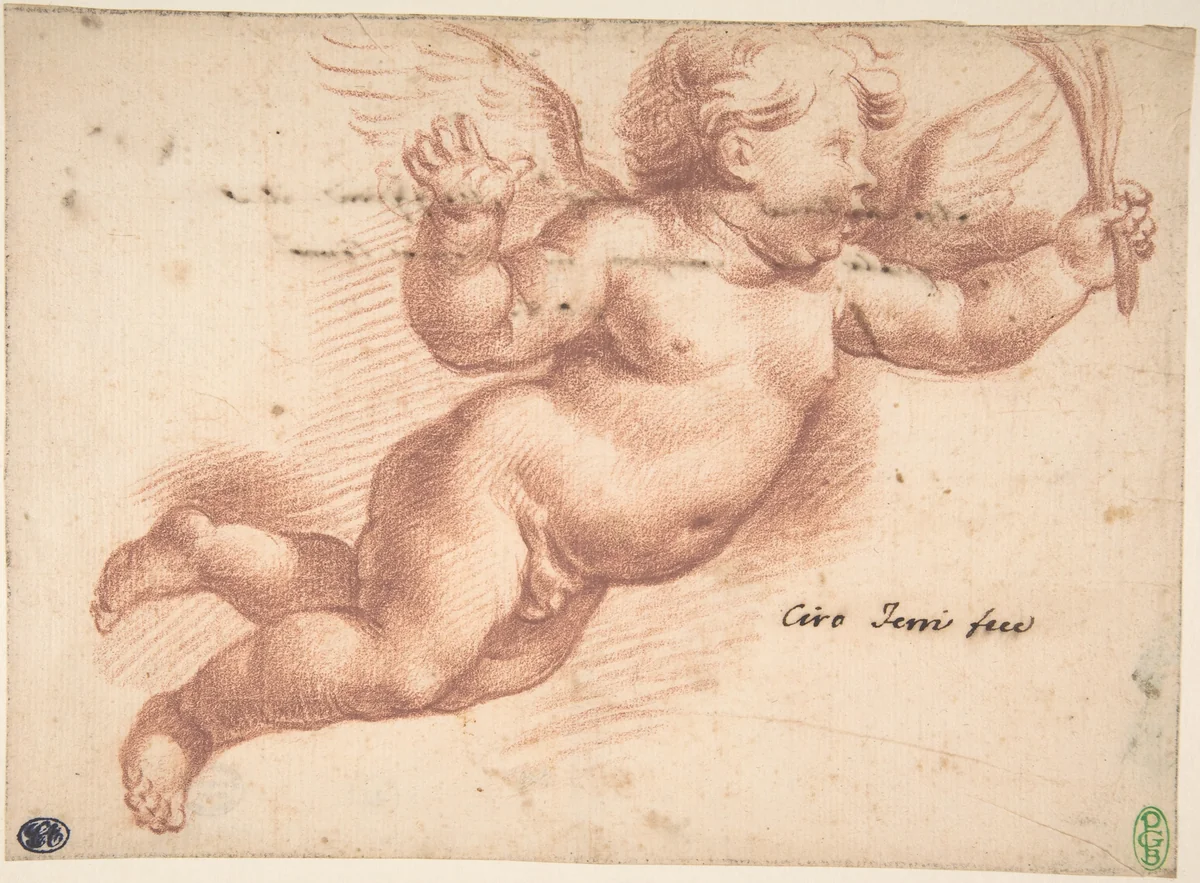 Flying Putto by Ciro Ferri, drawing, 1634-1689
