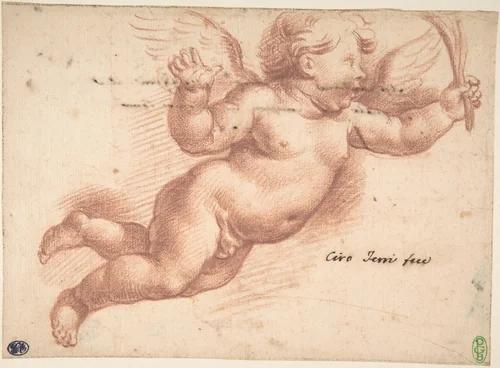 Flying Putto by Ciro Ferri, drawing, 1634-1689
