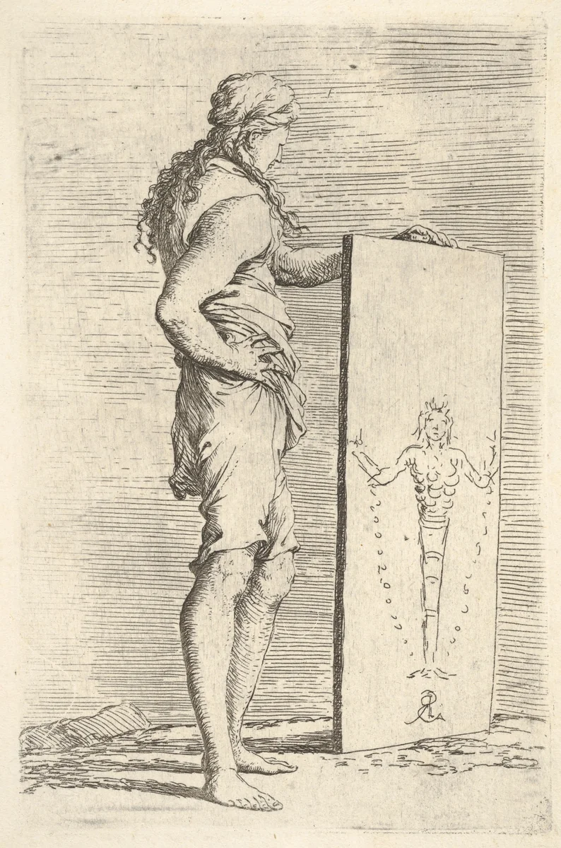 A figure supporting a tablet with a representation of a herm of Diana of Ephesus, from "Figurine" by Salvator Rosa, print, 1651-1661