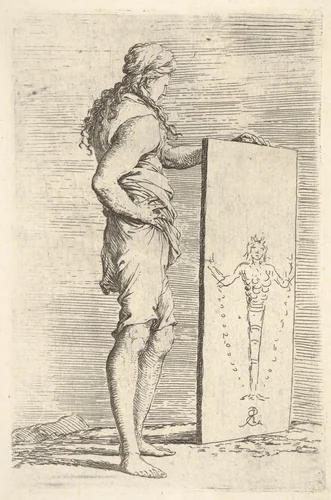 A figure supporting a tablet with a representation of a herm of Diana of Ephesus, from "Figurine" by Salvator Rosa, print, 1651-1661